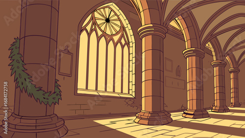 Medieval Hallway Gothic Architecture Stone Pillars arched ceiling large window illustration cartoon fantasy game background storybook illustration interior design vintage style ancient building histo.