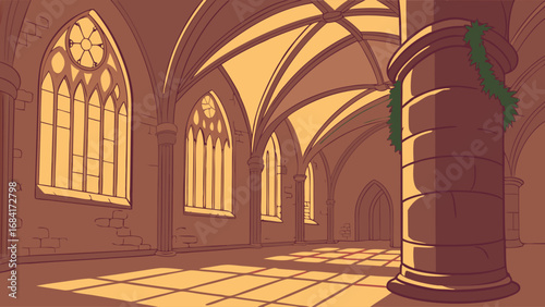 Cartoon illustration of an indoor Gothic style room with arches and pillars.