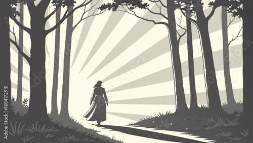 Silhouette of a woman walking on a path through a forest at sunrise sun rays woods nature mystery journey.