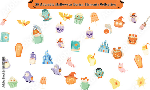 Cute and Adorable Halloween design elements with cute ghosts, a vampire, spooky castle, and magic items, perfect for charming seasonal decorations and child-friendly event graphics.