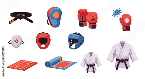 Various martial arts equipment arranged on a white background