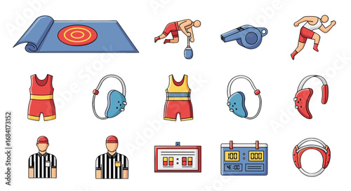 Illustration of wrestling equipment and personnel icons set