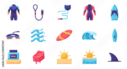 Collection of surfing equipment and beach related elements