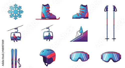 Illustration of winter sports equipment and mountain scenes