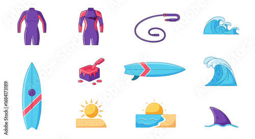 Various surfing equipment and beach elements illustration
