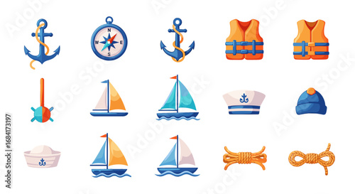 Collection of nautical themed items including boats and gear