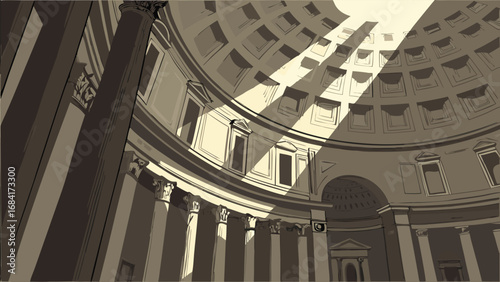 Interior View of an Architectural Structure with Columns and Dome.
