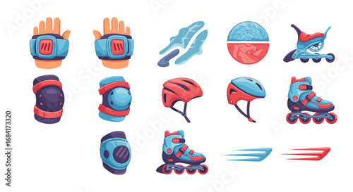 Illustration of roller skating safety gear and roller skates