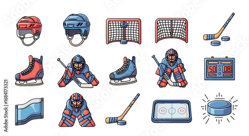 Cartoon illustration of assorted hockey equipment and players