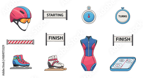 Collection of speed skating equipment and course accessories
