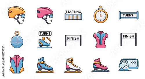 Collection of ice skating equipment and course accessories
