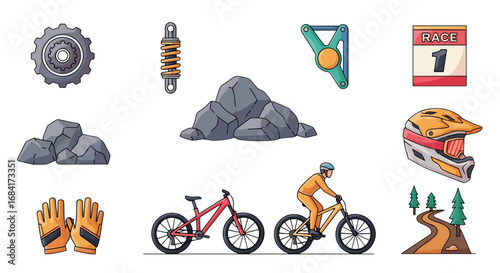 Illustration of mountain biking gear and trail elements view