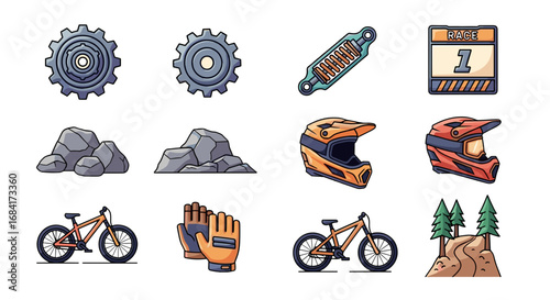 Collection of mountain biking equipment and race elements set