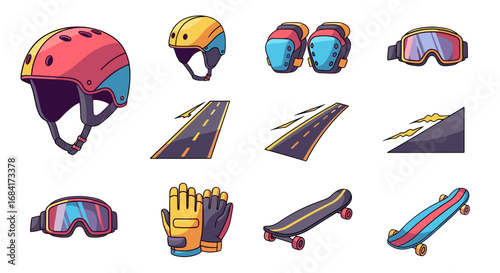 Collection of skateboarding equipment and related elements