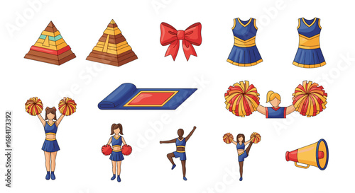 Illustration of cheerleading items and pyramids on white background