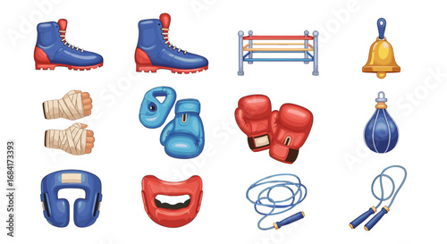Illustration of boxing equipment including gloves and gear