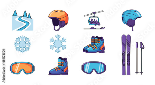 Illustration of various winter sports equipment and elements