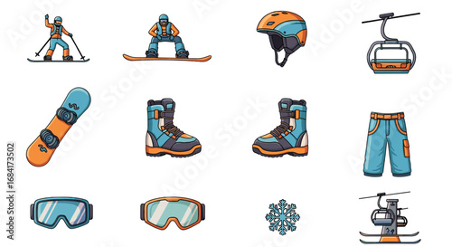 Collection of snowboarding equipment and winter sports gear