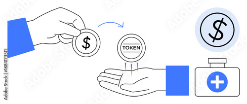 Hand exchanging money for token, arrow indicating swap action, and healthcare fund symbol. Ideal for finance, digital payment, currency exchange, trading, blockchain, healthcare funding economy