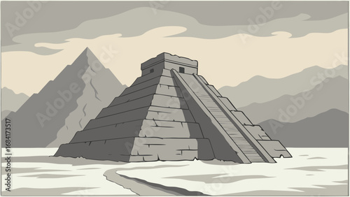 Stone Pyramid in Mountainous Landscape Ancient Civilization Illustration Historical Architecture Design.