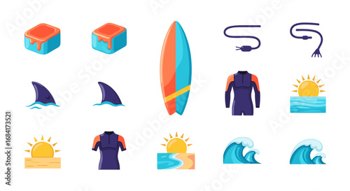 Illustration of surfing elements including board and wetsuit