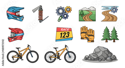 Various mountain biking elements and equipment illustration