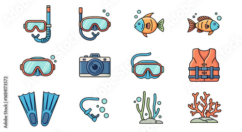 Collection of diving equipment and marine life illustrations