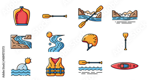 Collection of kayaking and rafting equipment and scenery icons