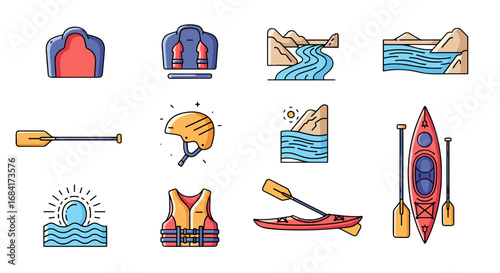 Collection of kayaking and rafting gear and nature elements