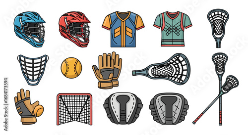 Illustration of various lacrosse equipment and accessories