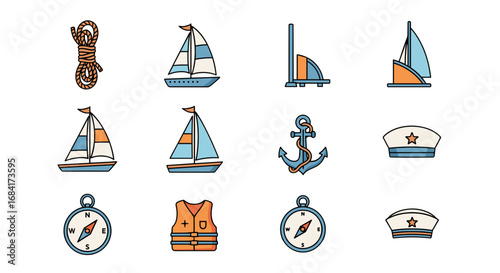 Collection of nautical themed elements including boats and gear