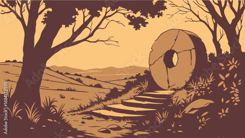 Stone circle scenic landscape tranquil nature idyllic setting path leading to stone mystical atmosphere serene view vector illustration digital art graphic design background image wallpaper poster pr.