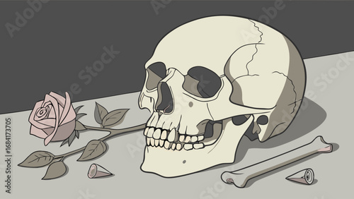 Skull and Rose Still Life Illustration.