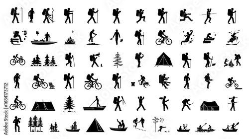 Vector Icon Set of Hiking Camping and Outdoor Activities Silhouettes.