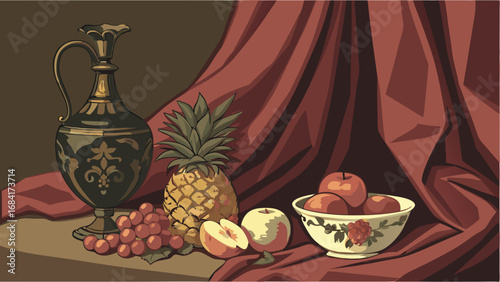 Still life painting of fruit and antique vase on draped fabric.