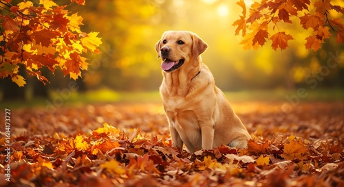 A golden labrador retriever sitting amongst fallen autumn leaves in a brightly lit outdoor setting