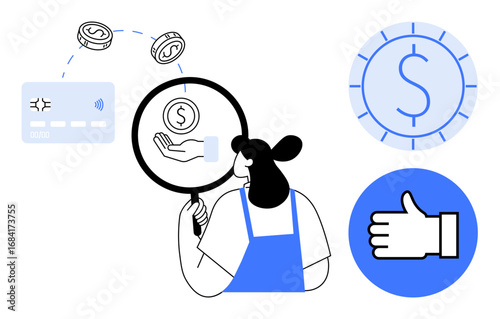 Woman evaluates financial data with magnifying glass, coins, digital transaction card, currency, and thumbs-up sign. Ideal for finance, payment, review, security trust digital transactions simple