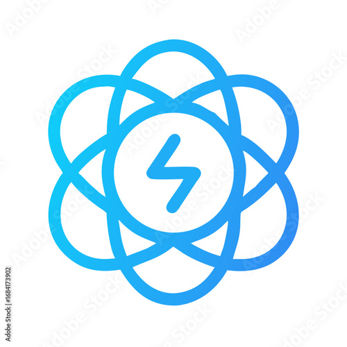Vector art of a vibrant blue gradient atom icon with a lightning bolt symbol at its core, representing energy and scientific innovation