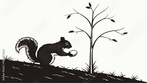 Silhouette of a Squirrel Gathering Food Near a Tree.