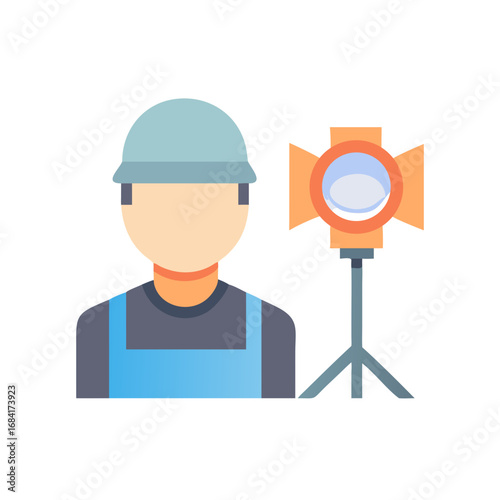 Vector art of a construction worker wearing a helmet and overalls stands next to a professional lighting rig, symbolizing film production and industry