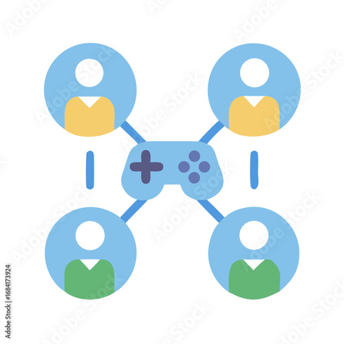 Vector art of a digital network connects four people around a game controller, symbolizing online gaming community and shared virtual experiences