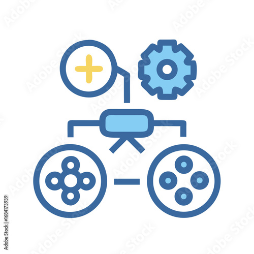 Vector art of a conceptual diagram illustrating a workflow with interconnected elements including a gear, a plus sign, and game controller inputs