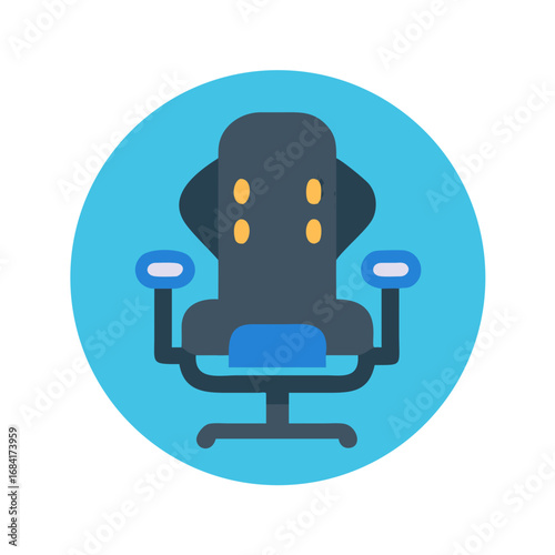 Vector art of a modern, ergonomic office chair with wheels and armrests, depicted as a flat vector icon on a blue circular background
