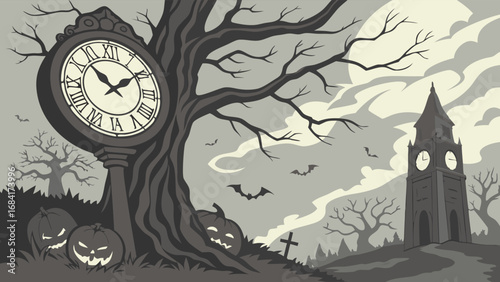 Spooky Halloween Graveyard Scene with Clock Tower.