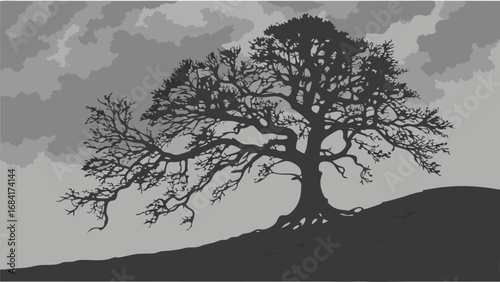 A solitary tree silhouette against a dramatic cloudy sky.