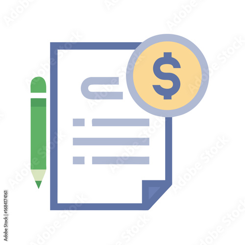 Vector art of a document with a pencil and a coin featuring a dollar sign, representing financial transactions