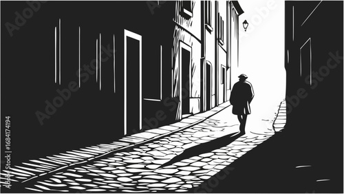 A Solitary Figure on a Cobbled Alleyway.