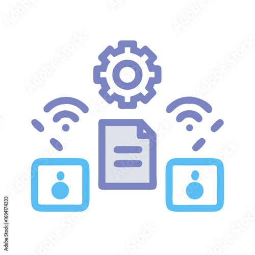 Vector art of digital data transfer between devices facilitated by a central processing gear and wireless signals