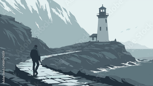 Coastal Path with Lighthouse and Mountains.