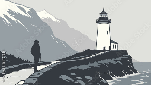 Coastal Landscape with Lighthouse and Solitary Figure Dramatic Seascape Illustration.